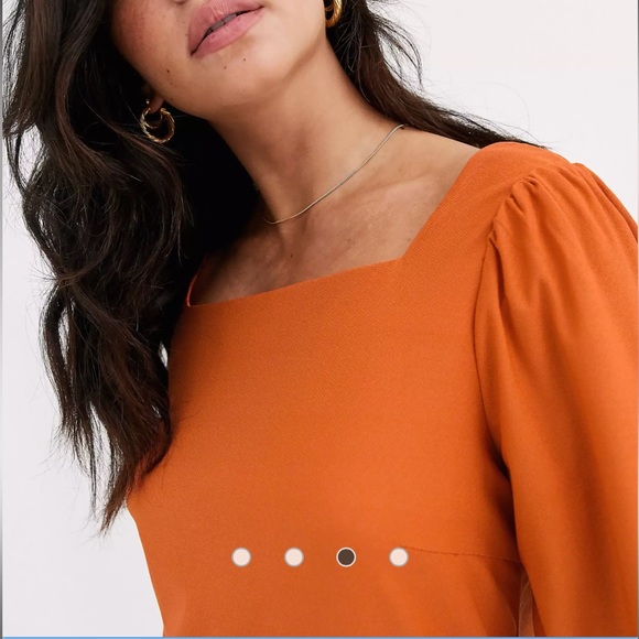 Pieces | square neck puff sleeve long sleeve top in orange semi-fitted - Picture 4 of 9